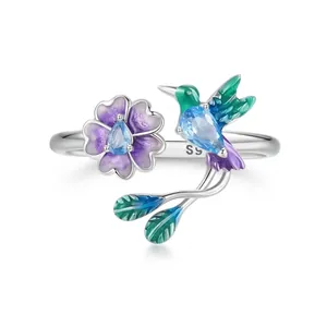 Adjustable S925 sterling silver hummingbird and flower ring with colorful enamel and zircon