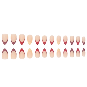 24pcs French almond fake nails in burgundy, red and beige tips with matte finish