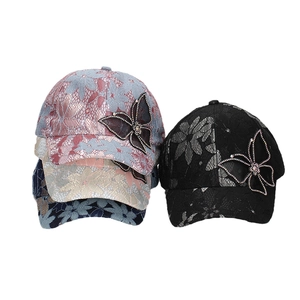 Lace butterfly baseball caps set with rhinestone details in four assorted colors