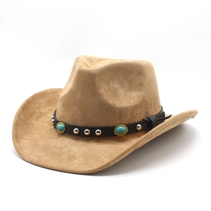 Chapeau de cowboy western camel avec bandeau en cuir orné de turquoises et clous