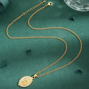 Gold-plated Virgin Mary oval pendant necklace with sparkling cubic zirconia stone border