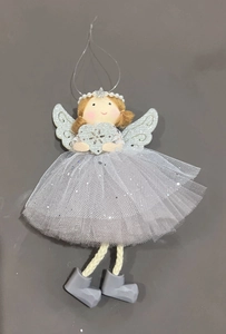 Detail of Christmas angel ornament with sequin wings, pearl crown, and heart decoration