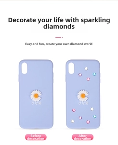 DIY rhinestone applicator kit showing before and after effect on purple daisy phone case