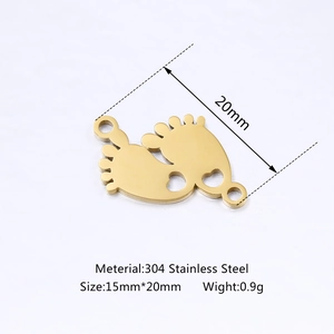 Gold stainless steel baby feet pendant connector with dimensions and heart cutout details