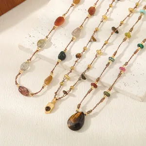 Bohemian multilayer tiger eye necklace with natural stone beads and agate pendant charm