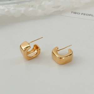 Minimalist square open hoop gold earrings with high-polished metallic finish for women