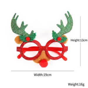 Christmas glasses with red glitter frame, green antlers and ears measuring 19cm by 13cm