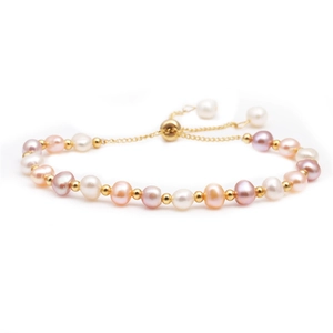Minimalist freshwater pearl bracelet with multi-color beads and adjustable gold slider