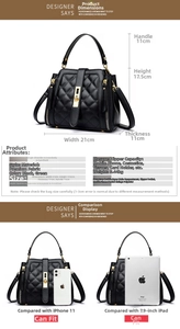 Detailed size chart for quilted bucket bag showing 21x17.5x11cm dimensions and capacity