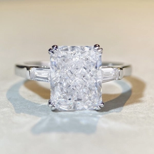 Elegant S925 silver radiant cut three-stone engagement ring with ice flower sparkle