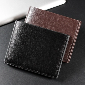 Short bifold men's wallet in black and dark brown litchi pattern PU leather