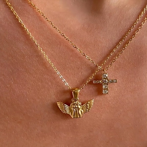 18K gold plated stainless steel necklaces with angel and rhinestone cross pendants