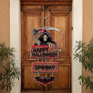 Spooky Halloween door hanger with Grim Reaper, bats, and Happy Halloween wooden signs