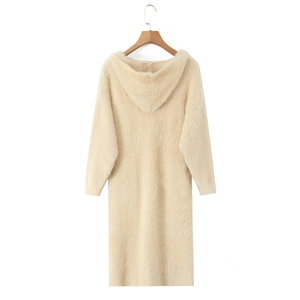 Detailed view of the soft mohair texture and hooded design on this off-white knit cardigan