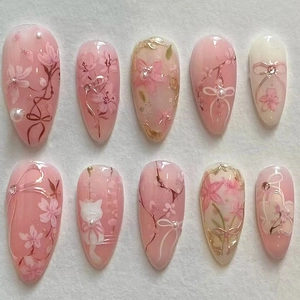 Press On Nails Almond Shape Gradient Pink Sakura Flower With Artificial Pearl Bow ABS Plastic Glossy Reusable For Women