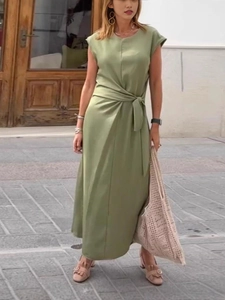 Sleeveless Round Neck Midi Dress Solid Color Polyester Tie Waist Pleated Elegant Summer Casual Women Vacation