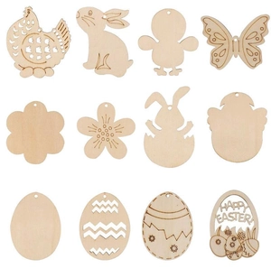 Detailed flat lay of 12 unpainted wooden Easter ornaments with Happy Easter engraving