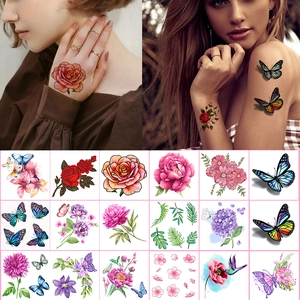 3D Colorful Flower Butterfly Temporary Tattoo Stickers For Women Body Art Waterproof Rose Lotus Magnolia Fashion Skin Decor