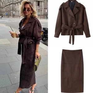 Veste Et Jupe En Daim Tenue Croisé Revers Avec Ceinture Blouson Court Jupe Droite Couleur Unie Femme