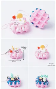 Detailed views of simulation waffle cake keychain with cream and charm ornaments