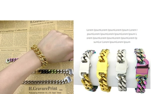 Detail of chunky Cuban link bracelets in gold, silver and multicolor with snap closure