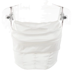 Elegant white satin halter crop top with cowl neck and backless design for women