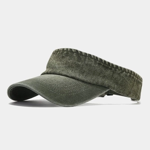 Detail of army green washed denim sun visor showing fabric texture and fine stitching
