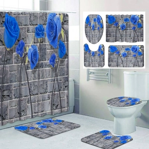 Blue rose and marble brick texture 4-piece bathroom set with shower curtain and mats