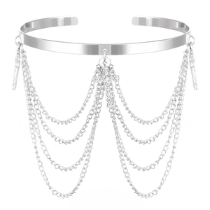 Detailed silver arm cuff featuring multi-layer chain tassels and sparkling rhinestone crosses