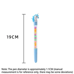Cute blue unicorn gel pen with rainbow horn and colorful letter beads inside, 19cm length