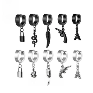 Set of 10 punk style earrings with charms like snake, feather and pistol in black and silver