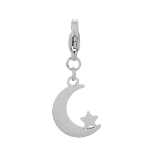 Detailed view of silver stainless steel moon and star pendant with lobster clasp attachment