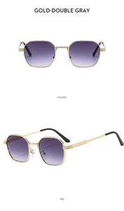 Detail view of gold metal frame sunglasses with purple gradient lenses from front and side