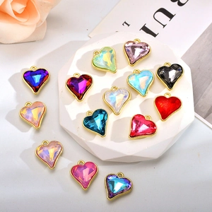 Colorful heart crystal pendants with gold borders and metal loops for DIY jewelry making