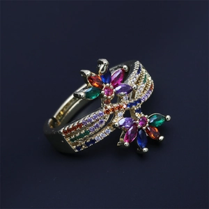 Adjustable gold flower ring featuring colorful marquise-cut zircon stones in a double floral design