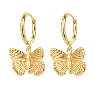 Close-up of 14K gold-plated butterfly drop earrings with textured wings on white background
