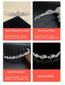Macro display of pearl and rhinestone crowns in rose gold and silver finishes