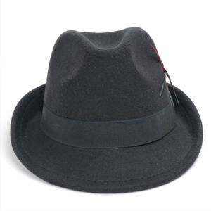 Detail of a black felt fedora hat featuring a stylish red and black feather accent on the band