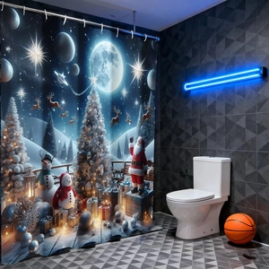 Detail of Christmas shower curtain with Santa, reindeer and moon print and white hooks