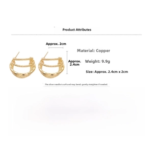 Detail showing gold layered C-shape earrings with weight 9.9g and size 2.4cm by 2.0cm