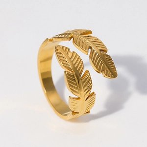 Minimalist Stainless Steel Feather Adjustable Open Ring For Women Personalized Gold Silver Plated Finger Jewelry Gift
