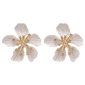 Elegant silver and gold flower stud earrings with textured petals and sparkling crystals