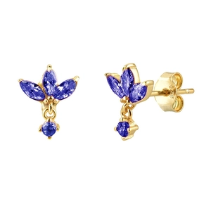 S925 silver flower stud earrings with blue zircon marquise gems in gold finish