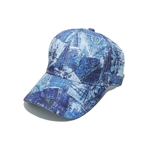 Vintage blue denim floral baseball cap with distressed sunshade brim for summer