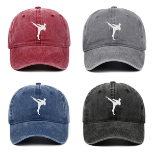 Washed Cotton Baseball Cap Kung Fu Martial Arts Embroidery Distressed Adjustable Dad Hat For Men Women
