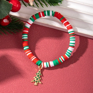 Christmas clay bead bracelet with red white and green colors and gold Christmas tree charm