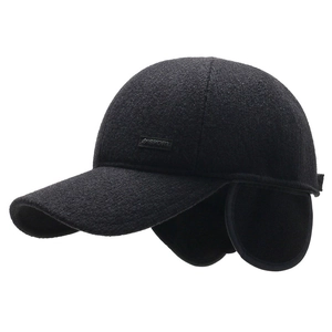 Men's winter baseball cap with ear protection flaps in black wool felt fabric