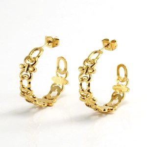 Stainless Steel Hollow Interlocking Chain Hoop Earrings 18K Gold Plated C-Shaped Retro Fashion Jewelry For Women