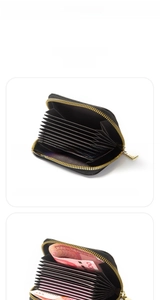 Detailed view of RFID blocking accordion card holder in black leather with gold zipper