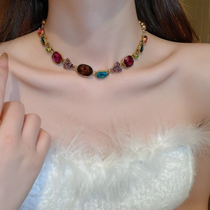 Detail of necklace with multi-colored teardrop rhinestones on female model neck